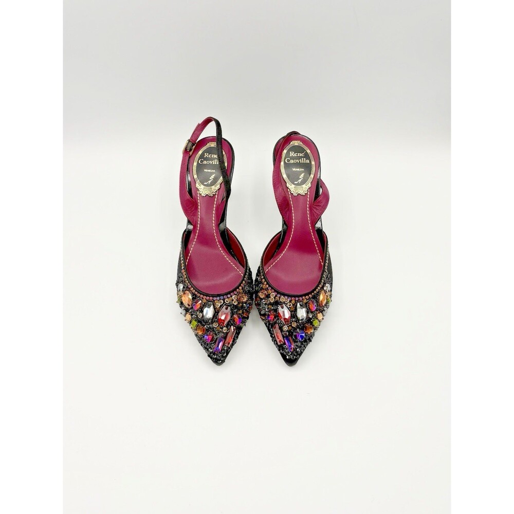 Rene Caovilla Black Satin Rhinestone Accent Pointed Toe Slingbacks Size EU 36
